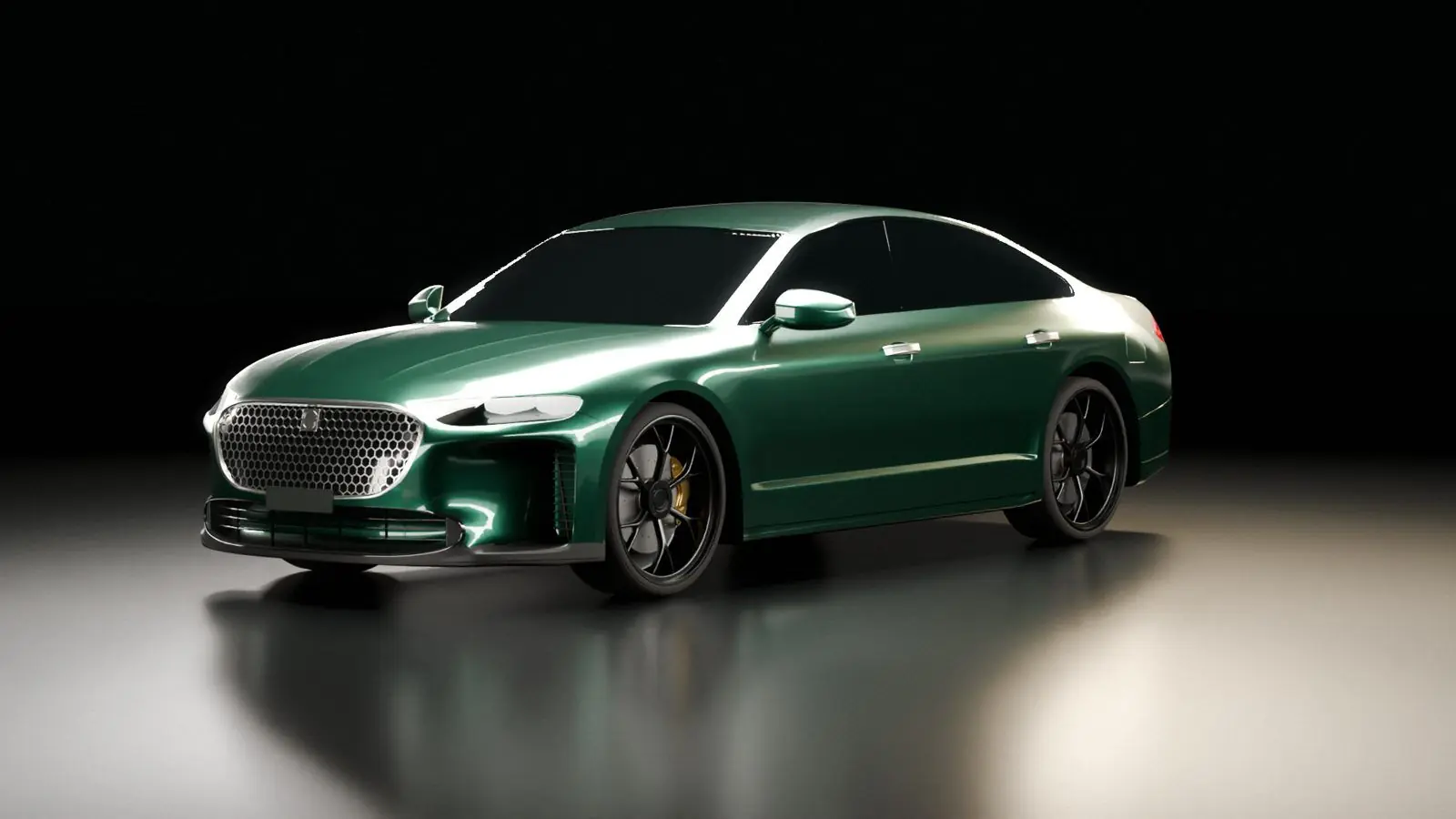 An obsidian green executive saloon in a dark studio